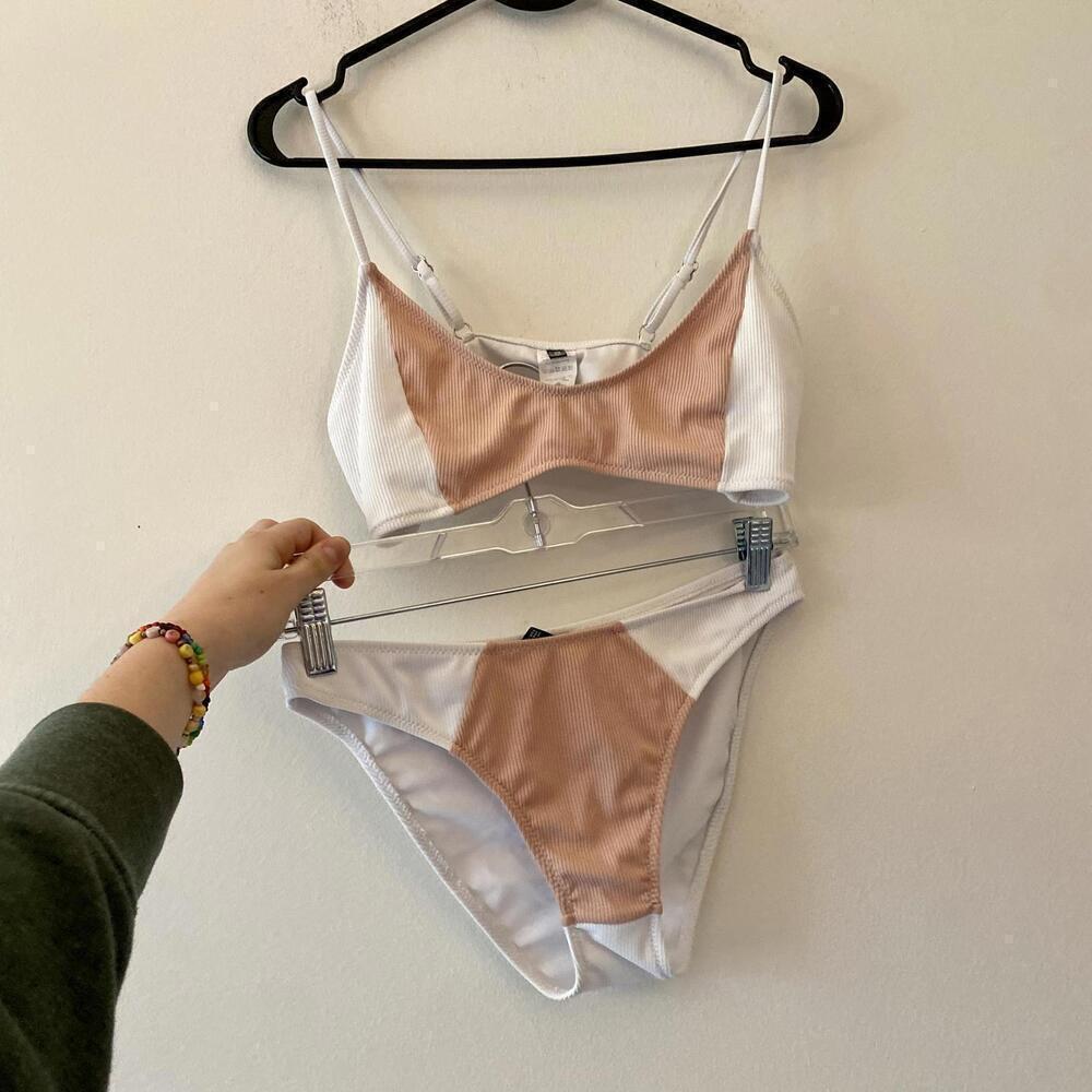 PRETTY LITTLE THING pink and white ribbed bikini